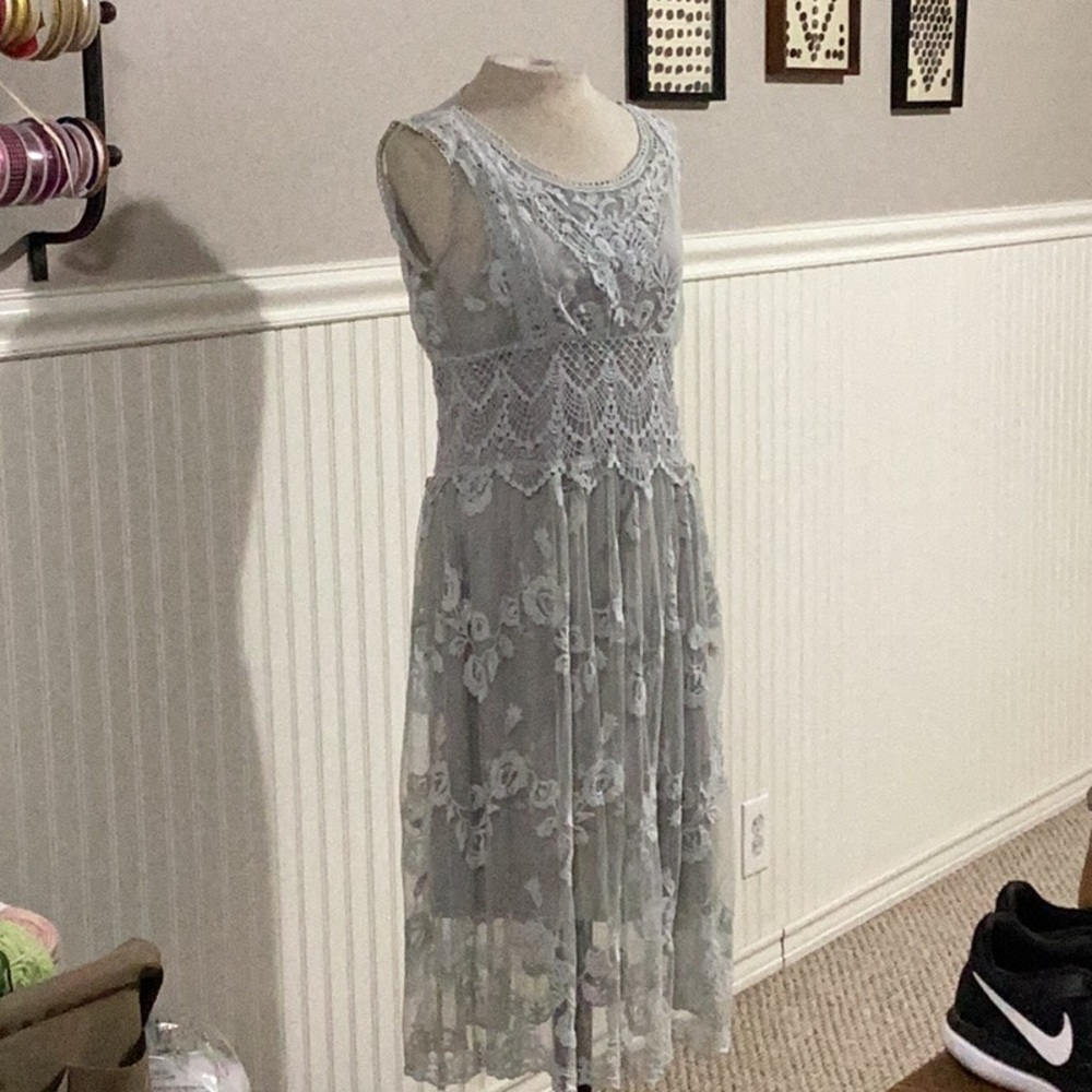 Sundance lace overlay dress. Greyish/celery color.